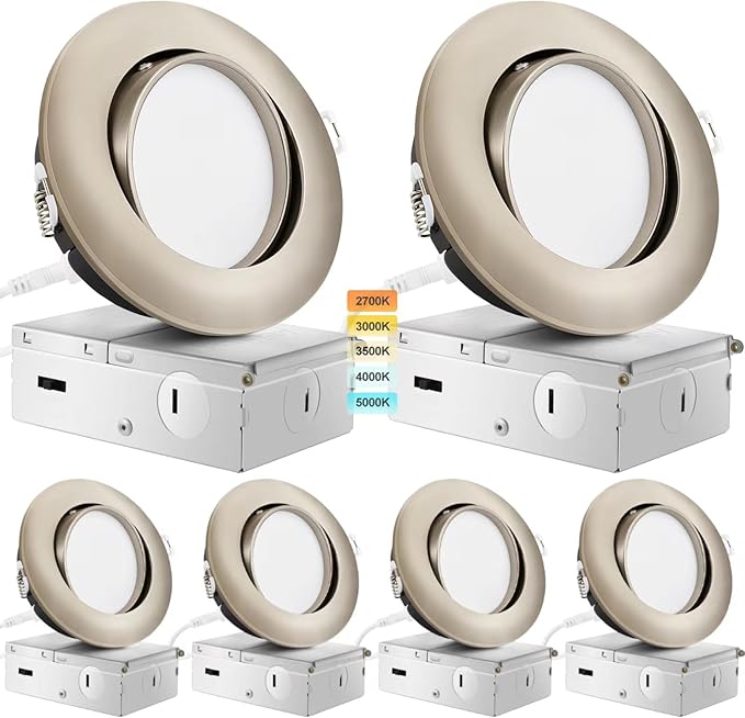 Brushed Nickel Recessed Lighting 4 Inch 6 Pack, Ajustable Eyeball Gimbal canless recessed Light with Junction Box,9W 750LM,Dimmable,5CCT Selectable