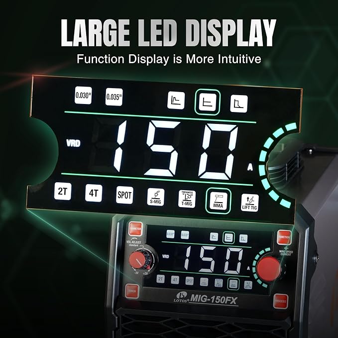 150A MIG Welder, 3-in-1 Synergic MIG Flux Core/MMA/TIG Welding Machine, 120V Portable IGBT Inverter with Large LED Display, 2T/4T/Spot Modes, Wire Feed 0.030"/0.035"