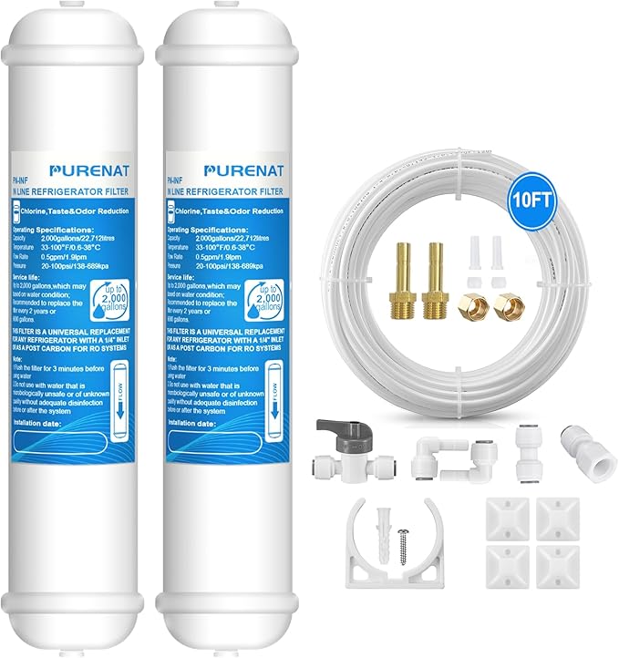 Inline Water Filter for Refrigerator and Ice Maker(2 Pack),1/4" Push Connect Post Carbon Filter Replacement for Reverse Osmosis Water System,Include 1/4" Water Line and Quick Connect Fittings