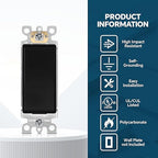 ThunderWay Matte Black Single Pole Decorator Wall Light Switch, Decorative Paddle Rocker Switch Replacement, 15A 120/277V, UL Listed for Residential Grade Applications, 10 Pack