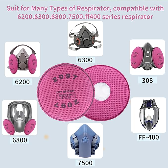2097 Respirator Filters (50Pcs/25Pairs), Respirator Cartridges with Activated Carbon Layer, Filter for 6200, 6502, 6800, 7502 Respirator, for Against Particulate, Dust, Organic Vapor, Painting