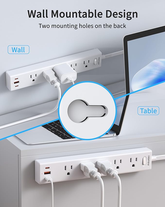 Power Strip Surge Protector, 2 Pack, 6 Ft Ultra Thin Flat Extension Cord, Surge Protector with 5 Outlets & 3 USB Ports (2 USB C), 1700 Joules, 3-Prong, Wall Mount for Home Office Dorm, White