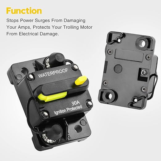 30 Amp Circuit Breaker, Huazu Inline Fuse Inverter with Manual Reset for Car Audio RV ATV Marine Boat Truck Trolling Motors 12V- 48V DC Water Proof (Surface Mount-30A)