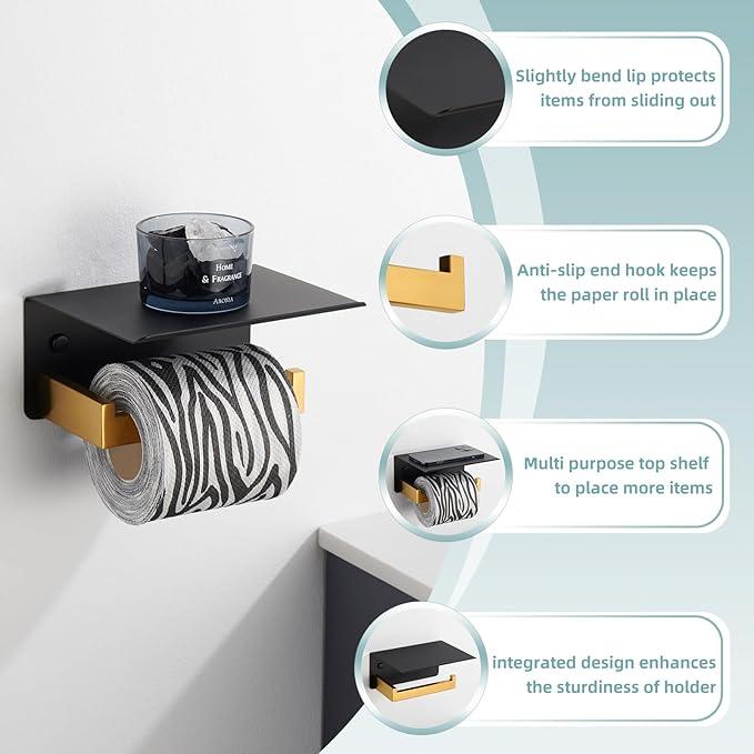Toilet Paper Holder with Phone Shelf Black & Gold, APLusee 304 Stainless Steel Tissue Roll Dispenser Storage, Bathroom Accessories Wall Mounted