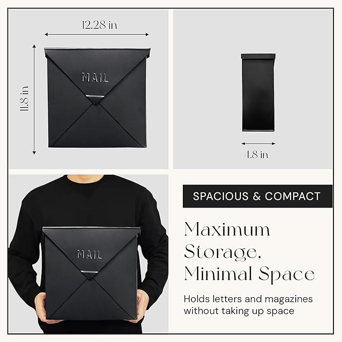 NACH Chicago Extra Large Mailbox, Rust Resistant Large Mailboxes for Outside Wall Mount, Metal Mailbox, Wall Mount Mailbox, Extra Large Capacity Mailbox, 12x12x4.8 inches, Black Mailbox, MB-6301BLK