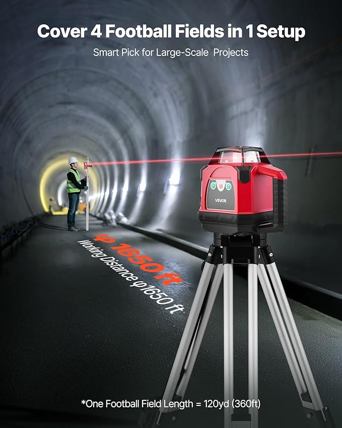 VEVOR Rotary Laser Level Kit, 1650ft 360-Degree Self Leveling Red Horizontal Laser Transit,with Heavy-duty Tripod, Receiver, Remote Control, Toolcase, IP54 Waterproof, 0.06 in/100 ft for Construction