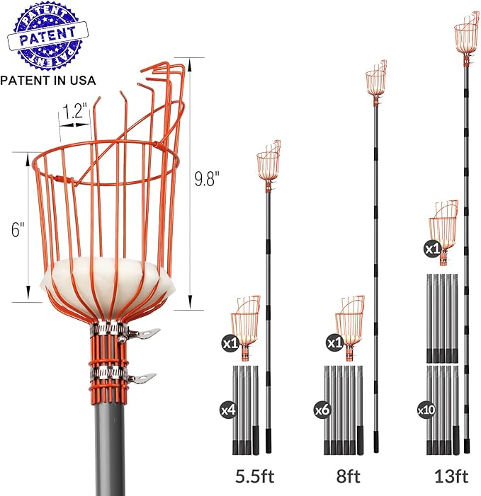 Walensee 13FT Fruit Picker, Adjustable Fruits Picker Tool with Lightweight Stainless Steel Pole and Big Basket, Fruit Catcher Equipment Tree Picker for Apples Mango Pear Orange Avocados Fruit Picking