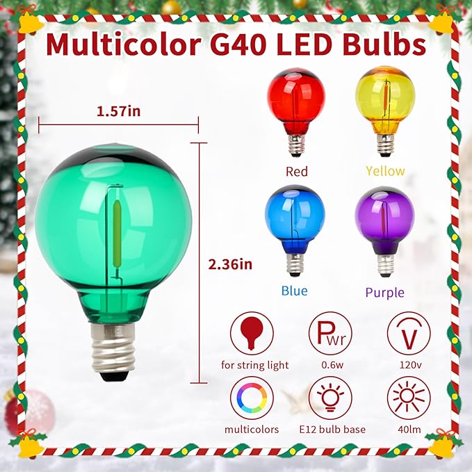 25Pack G40 Christmas LED String Lights Bulbs, E12 Screw Base Shatterproof Colored Bulbs for Outdoor Holiday Decor 120V 0.6W Dimmable Equal to 7W, Patio & Christmas Tree Lighting (Multicolor)
