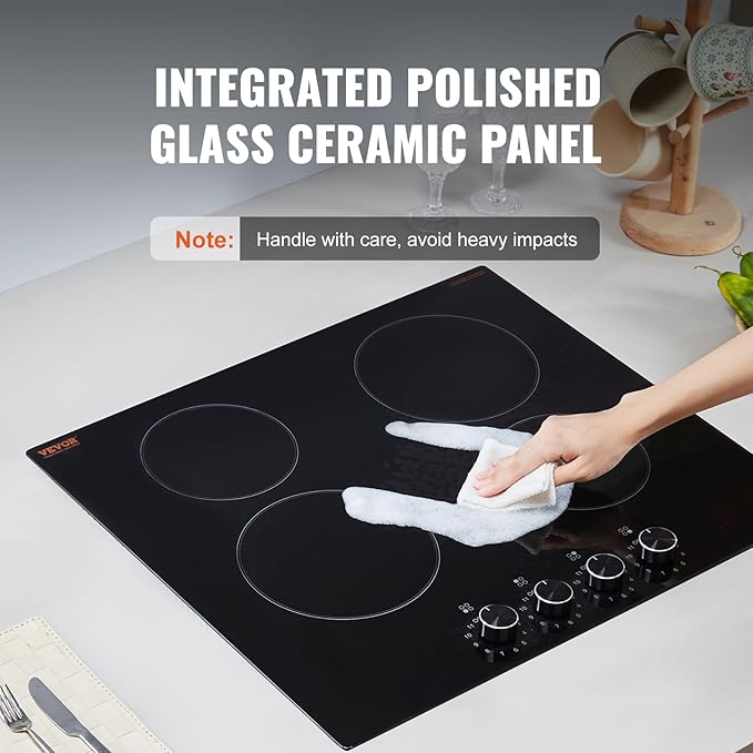VEVOR Electric Ceramic Cooktop, Built-in Electric Stove Top, with Glass Panel, Knob Control, 11 Heat Levels, for Diverse Cooking Requirements (24inch-4burners/220V)