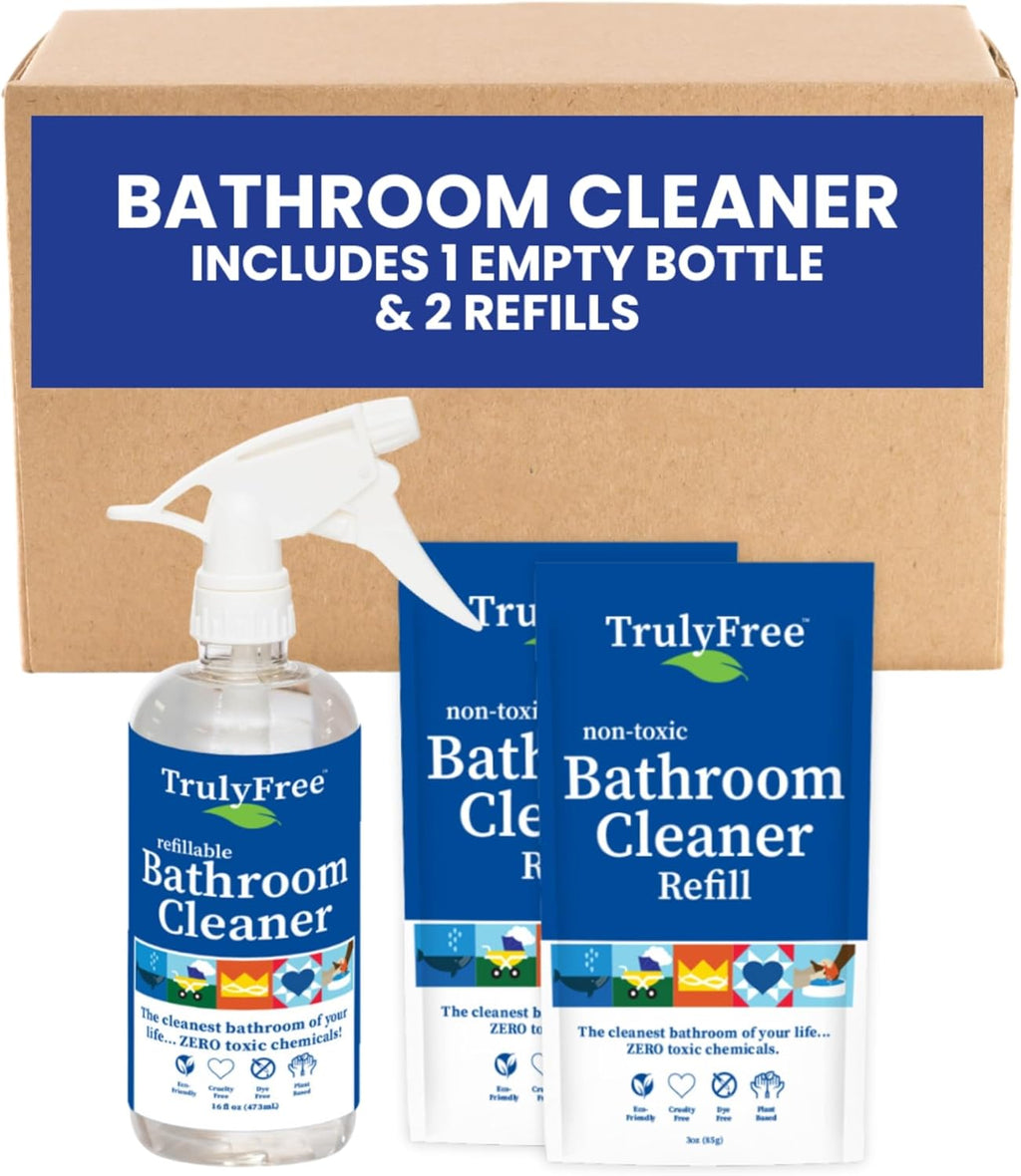 2-Pack TrulyFree Bathroom Cleaner - Cleaning Spray, for Toilet, Sink, Tub, Shower - Includes: 16-oz Spray Bottle, One refill pouch used for initial fill and one pouch for Refill when needed (3 oz)