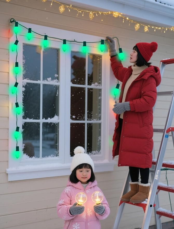 C9 Green Christmas Light Bulbs, 25 Pack C9 Incandescent Replacement Bulbs for Christmas String Light, Candle Lamps, E17 Intermediate Base, 7Watt Night Lights Bulbs