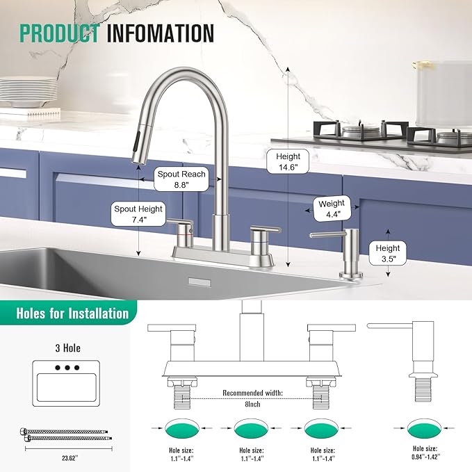 CREA 4 Holes Kitchen Faucets with Pull Down Sprayer and Soap Dispenser,Two Handles 8-Inch Bar Sink Faucet for RV Laundry Camper Utility Sink Brushed Nickel Stainless Steel
