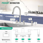 CREA 4 Holes Kitchen Faucets with Pull Down Sprayer and Soap Dispenser,Two Handles 8-Inch Bar Sink Faucet for RV Laundry Camper Utility Sink Brushed Nickel Stainless Steel