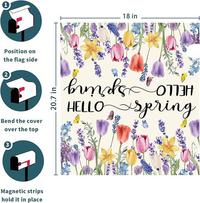 Hello Spring Mailbox Covers Tulip Lavender Butterfly Spring Decorative Mailbox Covers Magnetic Standard Size 21x18 Inch Rustic Waterproof Mailbox Wraps Post Letter Box Covers Garden Yard Outdoor Decor