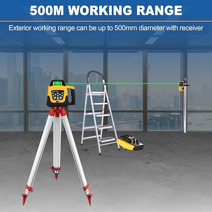 Iglobalbuy Automatic Self Leveling Green Rotary Laser Level 500m Range Kit with Surveying Tripod and Aluminum Grade Rod 16.4 Feet, Leveling Rotating Transit Laser Level Green Beam for Construction