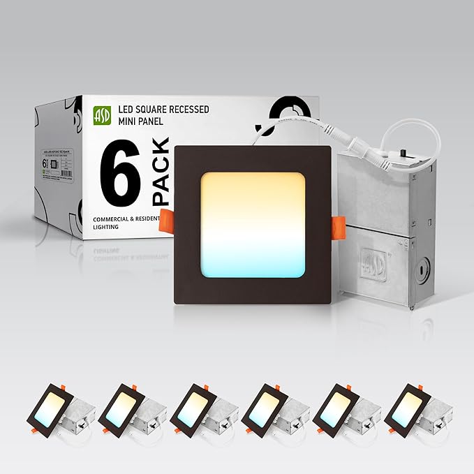 ASD 6 Pack LED Square Recessed Lighting 4 Inch, 5 CCT 2700K-5000K, 12W 50W Eqv, Ultra Thin Dimmable Ceiling Lights with J Box, Canless Wafer Downlight, Slim Panel, UL Energy Star, Oil-Rubbed Bronze