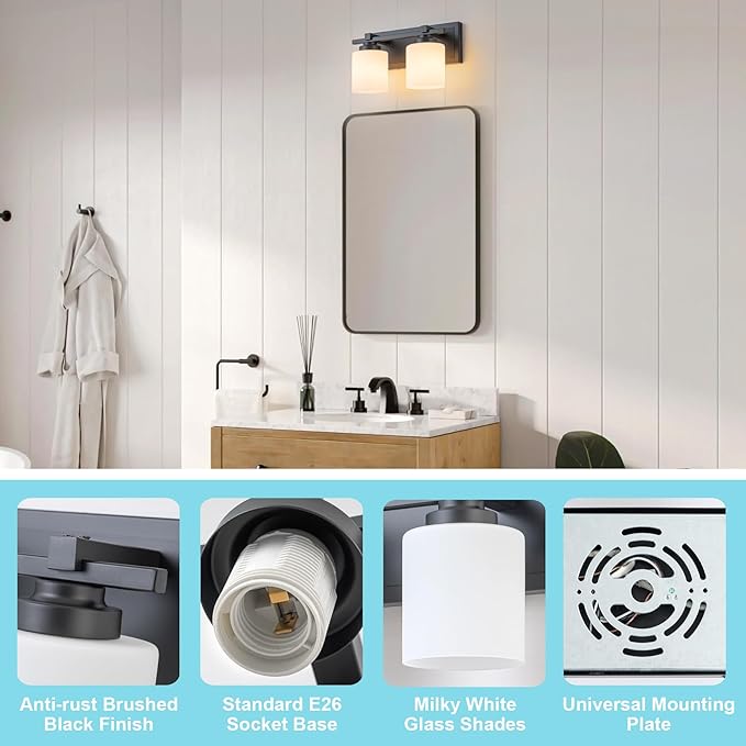 2 Light Modern Bathroom Light Fixtures Over Mirror, Black Vanity Lights for Bathroom Wall Sconces with Milky White Glass Shades, E26 Socket (Bulbs Not Included)