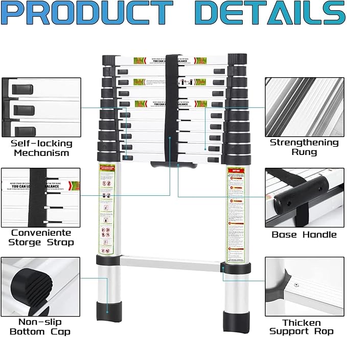 Telescopic Ladder, 16.5FT RIKADE Aluminum Telescoping Ladder with Non-Slip Feet, Portable Extension Ladder for Household and Outdoor