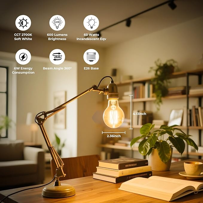 Dimmable E26 LED Bulb 6W, 60 watt Equivalent, Vintage LED Edison Bulbs 2700K Soft White, A19 Clear Glass LED Light Bulb for Ceiling Fan, 90+CRI, 600LM, 4 Pack