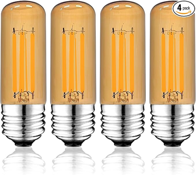 3.2 Inch 2200K Amber White E26 LED Bulb 60 Watt Equal, AC 120V 600LM Edison Bulbs Dimmable, 6W T10 T30 Tubular Filament Light Bulbs Glass for Fan Pendant Wall Light, UL Listed-4 Pack