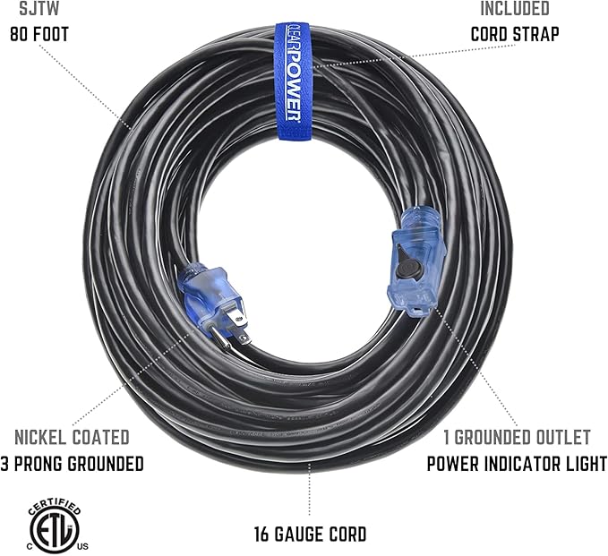 Clear Power 80 ft Outdoor Extension Cord 16/3 SJTW with Lighted Locking Connector, Black, Water & Weather Resistant, Flame Retardant, 3 Prong Grounded Plug, CP10128