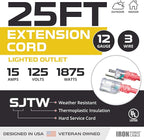 Iron Forge Cable 25 ft Lighted Outdoor Extension Cord - 12/3 SJTW Heavy Duty Red Extension Cable with 3 Prong 15 AMP Grounded Plug for Safety
