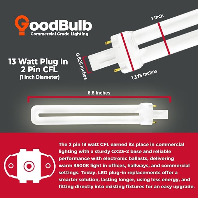 GoodBulb 13 Watt CFL Light Bulbs 2 Pin GX23 Base 3500K Neutral White 13W High Output 800 Lumens Single Tube Compact Fluorescent Light Bulbs Plug-in 10 Pack