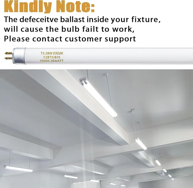 46 Inches F28T5/865/ECO 6500K, T5 28 Watts Fluorescent Light Bulb Daylight, T5 Fluoerscent Tube, Medium Bi-Pin Base, 2550 Lumens CRI 85 25 Pack