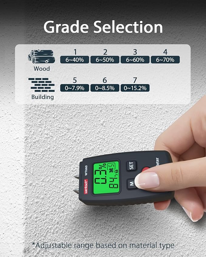 Wintact Pocket Wood Moisture Meter, Pin Type Water Leak Detector, Digital Moisture Tester for Lumber, Firewood, Walls, Drywall, Paper, Brick, Concrete Building Material Black