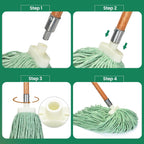 Matthew Cleaning Screw-on Heavy Duty Cotton Wet Mop Replacement Heads(Green, Medium,3Pack) with 2 Pack Microfiber Cloth for Residential & Commercial Floor Cleaning Use- Fit Standard American Screw