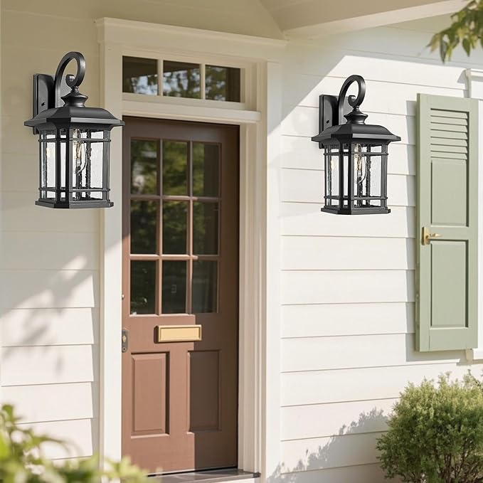 Exterior Wall Sconce, Outdoor Waterproof Wall Mount Light Fixture, E26 Socket Anti-Rust Matte Black Finish Outdoor Lighting Fixture,Outside Lantern Lamp with Seeded Glass (Black, 15.96 Inch Height)