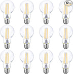 Energetic Dimmable LED Filament Light Bulbs Clear, 8W, 60 Watt Equivalent, Warm White 3000K, Classic Clear Glass, A19 LED Edison Bulb, 12 Pack