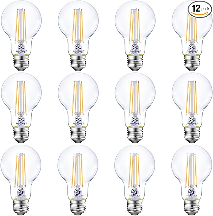 Energetic Dimmable LED Filament Light Bulbs Clear, 8W, 60 Watt Equivalent, Warm White 3000K, Classic Clear Glass, A19 LED Edison Bulb, 12 Pack