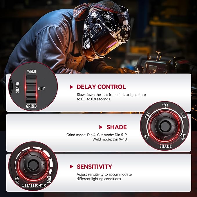ARCCAPTAIN 3.94"X3.66" Welding Helmet Auto Darkening, 1/1/1/1 Top Optical Clarity Large Viewing Screen Solar Power Welding Hood with 4 Arc Sensor, Wide Shade 4-5/5-9/9-13 for TIG MIG ARC Welding Cut