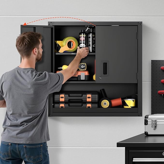 VEVOR Metal Wall Cabinet, 30W x 12.01D x 30H Inch, Steel Floating Hanging Storage Cabinet with Locking Doors and Adjustable Shelf for Garage, Basement, Kitchen, Warehouse Assembly Required, Black