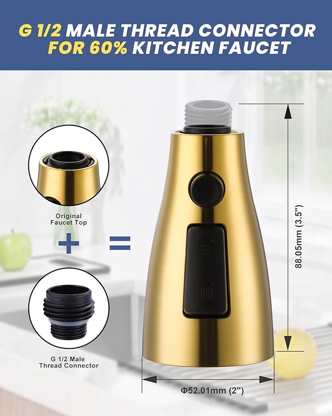 Metal Kitchen Faucet Head Replacement: 3-Function Pull Down Spray Nozzle with 9 Adapters, Sink Sprayer Replacement Compatible with Moen, Delta, Kohler, American Standard Faucets, Brushed Gold