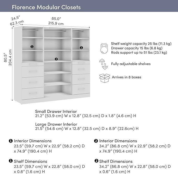 Bestar 85W x 25D Modular Closet Organizer System, Reach-in Closet or Walk-in with LED Lights, Shelves, and Drawers, Slab Style, Florence Collection, White