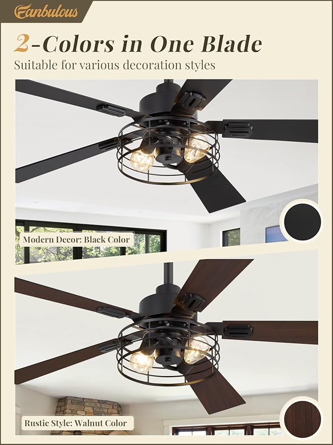 1 Pack Farmhouse 48 Inch Ceiling Fans with Lights, Black Industrial Caged Ceiling Fans for Bedroom Living Room, Double-Sided 5 Blades Rustic Ceiling Fan-Black