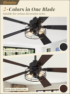1 Pack Farmhouse 48 Inch Ceiling Fans with Lights, Black Industrial Caged Ceiling Fans for Bedroom Living Room, Double-Sided 5 Blades Rustic Ceiling Fan-Black