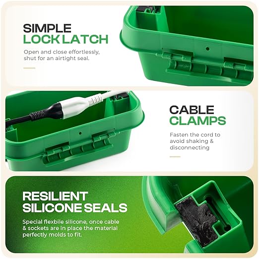 SOCKiTBOX – The Original Weatherproof Connection Box – Indoor & Outdoor Electrical Power Cord Enclosure for Timers, Extension Cables, Holiday Lights, Power Tools, Fountains & More – Size Small – Green