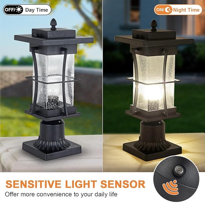 Dusk to Dawn Outdoor Post Light Fixture Waterproof Pole Mount Light with Pier Mount Adapter, Black Finish with Seeded Glass Outdoor Post Lantern for Patio, Garden, Porch and Backyard