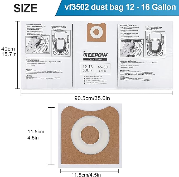 3 Pack VF3502 Shop Vac Bags, Compatible with Ridgid Vacuum 12-16 Gallon, Replacement Fiter Bags, 23743 VF3502 High Efficiency Dust Bags
