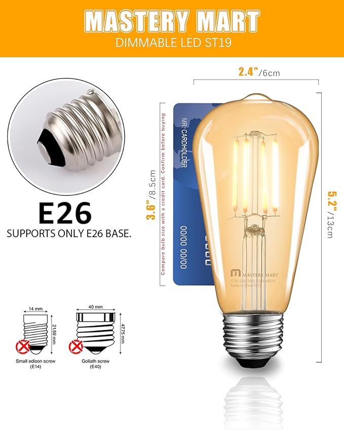 MASTERY MART Dimmable Vintage E26 LED Light Bulb, 2200K Warm White, 5.5W 60W Equivalent, Glass ST19 Edison Style, 400LM Decorative Filament Bulb, UL, Energy Star, 16 Pack