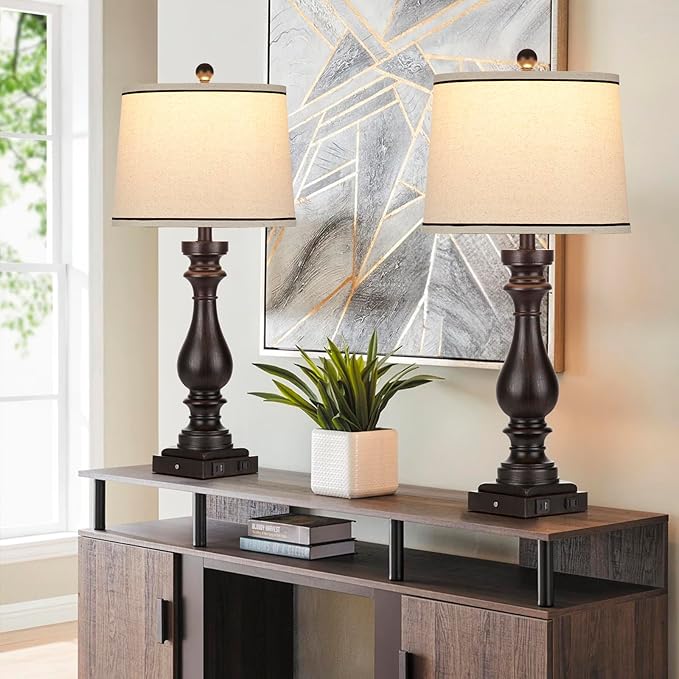 27.5" Farmhouse Table Lamp for Living Room Set of 2,Vintage Bedside Nightstand Lamps with USB C+A Ports & AC Outlet,3-Way Dimmable Touch Control Retro Black Desk Lamp for Bedroom,Black