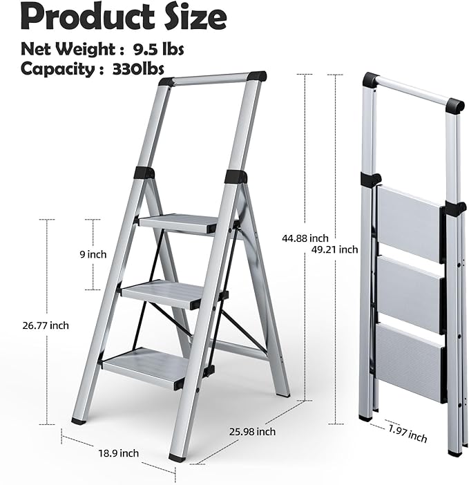 Taranta 3 Step Ladder, Portable Folding Ladder with Wide Pedal, Lightweight Aluminum Step Stool with Convenient Handgrip, 330 lbs Capacity Stepladder for Home, Office - Silver