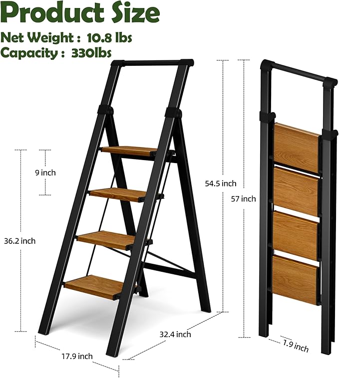Taranta 4 Step Ladder, Portable Folding Ladder with Wide Pedal, Lightweight Aluminum Step Stool with Convenient Handgrip, 330 lbs Capacity Stepladder for Home, Office - BlackWoodgrain