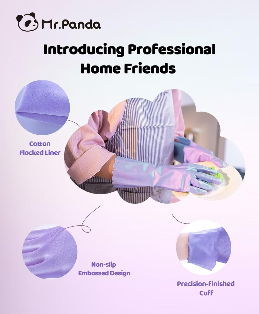 Mr.Panda Skin-Friendly Flocked Cotton Liner Cleaning Gloves Medium, Reusable Dishwashing Gloves for Washing Dishes, Kitchen, Shimmering Pink