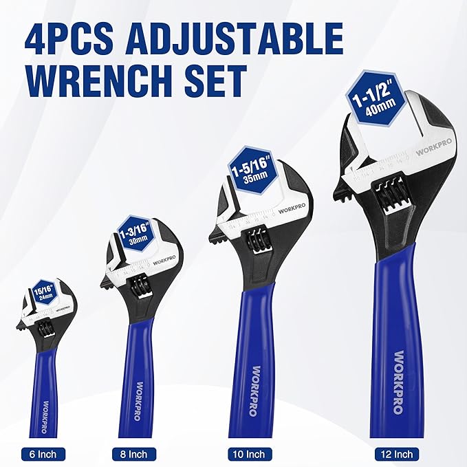 WORKPRO 4-piece Adjustable Wrench Set, 6-Inch & 8-Inch & 10-Inch & 12-Inch Wrenches, Wide Jaw Black Oxide Wrench, Metric & SAE Scales, Cr-V Steel, for Home, Garage, Workshop