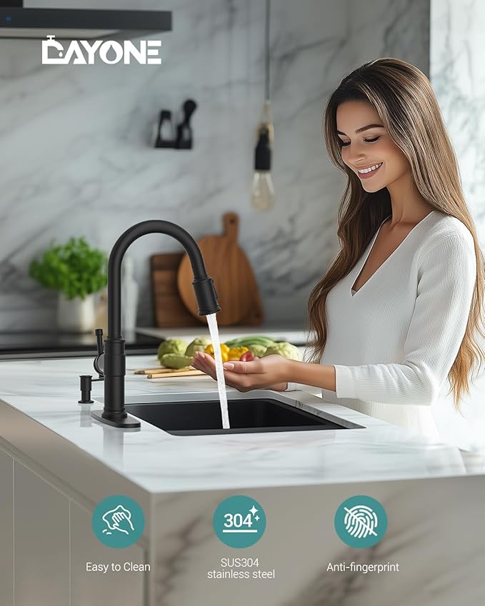 Matte Black Kitchen Faucets with Pull Down Sprayer, DAYONE Single Handle Stainless Steel Kitchen Faucet One Hole High Arc Farmhouse Sink Faucets with Soap Dispenser, DAY-136MB