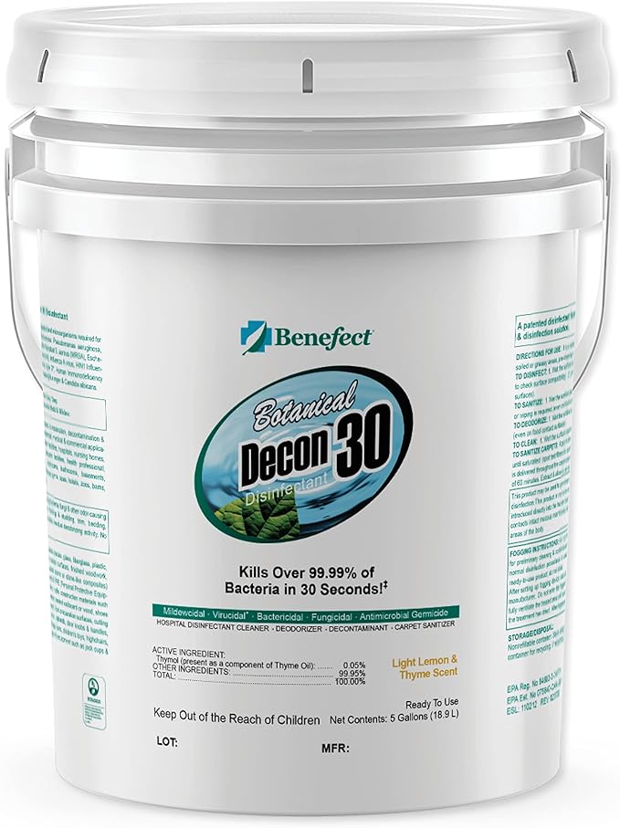 Benefect Botanical Decon 30 Disinfectant Cleaner, 5 Gallon, Light Lemon & Thyme Scent, Hospital Grade Disinfectant, Kills Over 99.99% of Germs, Safe for Food-Contact Surfaces